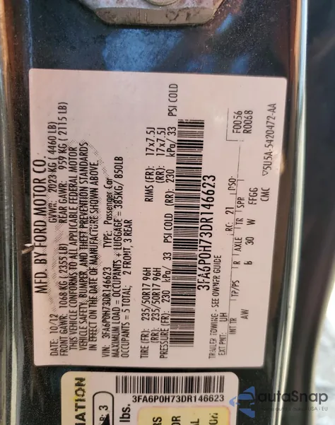 2013 Ford Fusion Se z USA, uszkodzony, nr VIN 3FA6P0H73DR146623